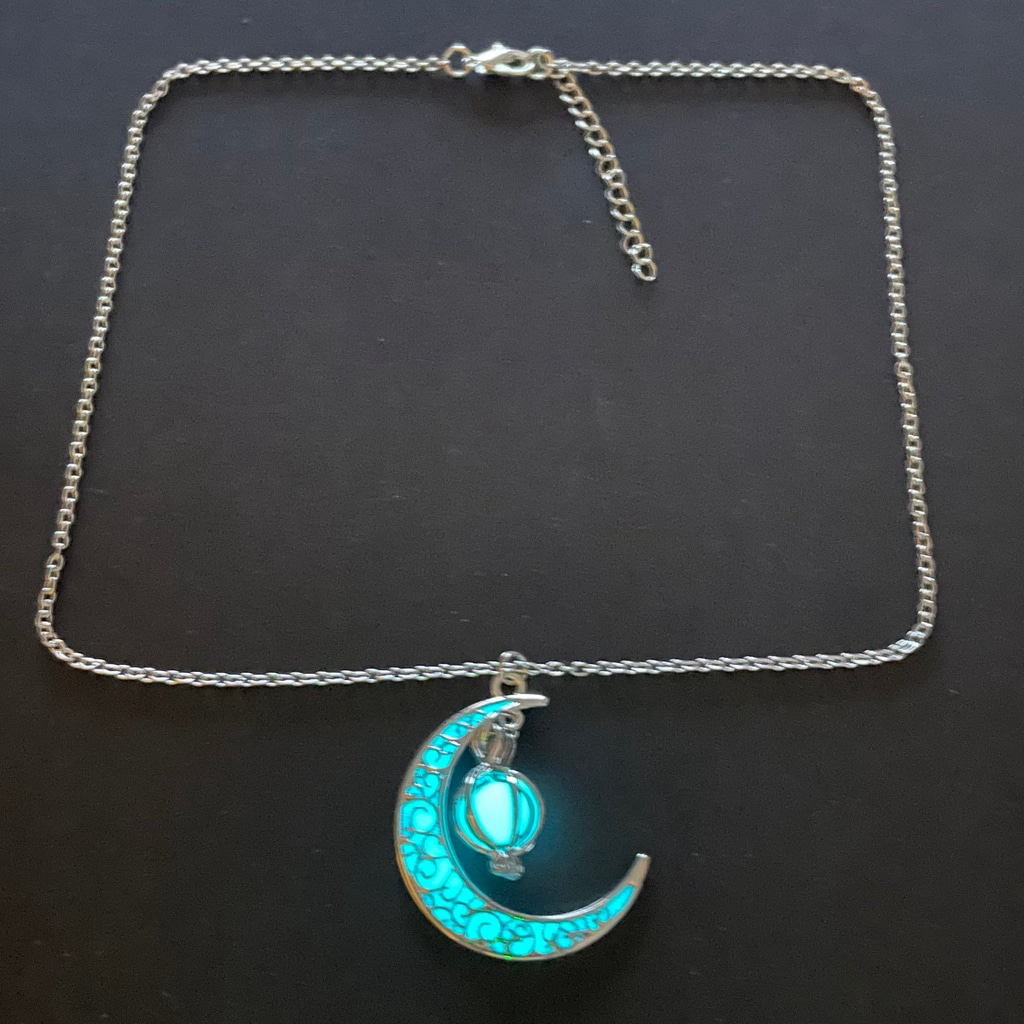 Blue Green Glow In The Dark Crescent Moon & Caged Bead Necklace